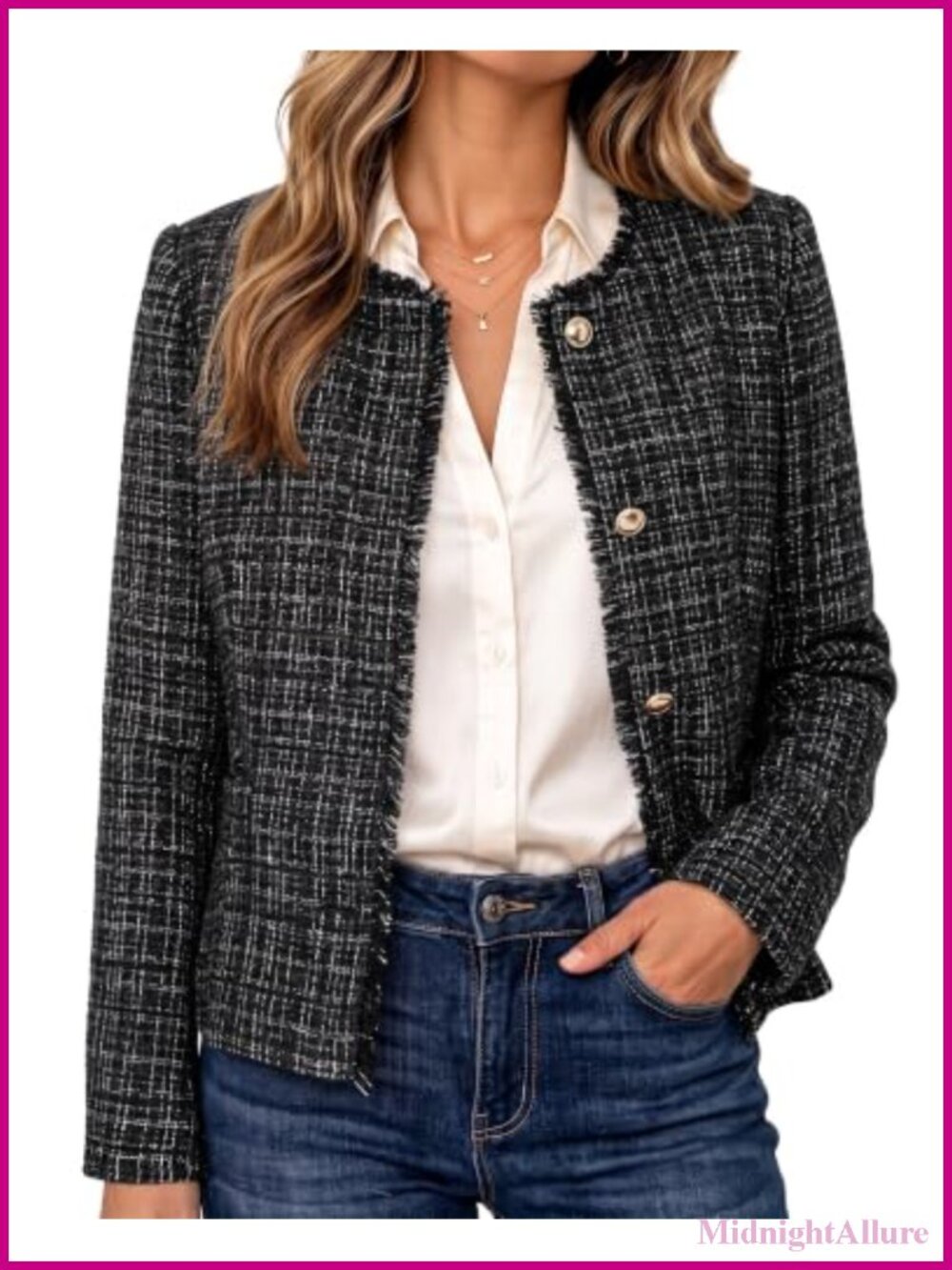 Tweed Blazer Collarless Button Front Pockets Casual Work Jacket